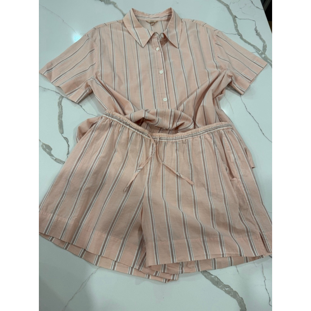 Eberjey Striped Organic Cotton Pajama Set L Shorts Button Up Tshirt Loungewear